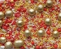 Cukrová dekorace - Zlato - červený mix (kuličky, rýže, máček) 