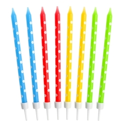 Dortové svíčky - Barevné s puntíky / 24 kusů (žlutá, červená, modrá, zelená)
